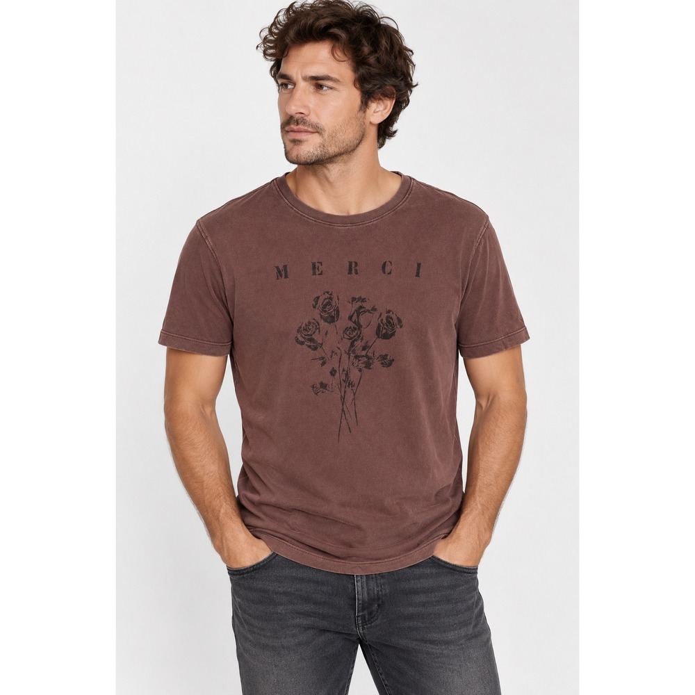 John Varvatos Mens Merci Rose Graphic T-Shirt Brown Burgundy Size S